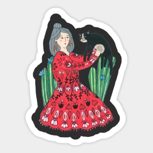 Girl, Cat and Cactuses Sticker